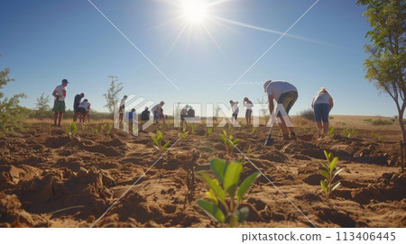 World Day to Combat Desertification and Drought, June 17. Volunteers combat desertification by planting trees in sandy area, sun high World Day to Combat Desertification and Drought, June 17. Volunteers combat desertification by planting trees in sandy area, sun high 113406445