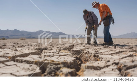 World Day to Combat Desertification and Drought, June 17. Scientific team assesses soil dryness in desert for drought awareness 113406456