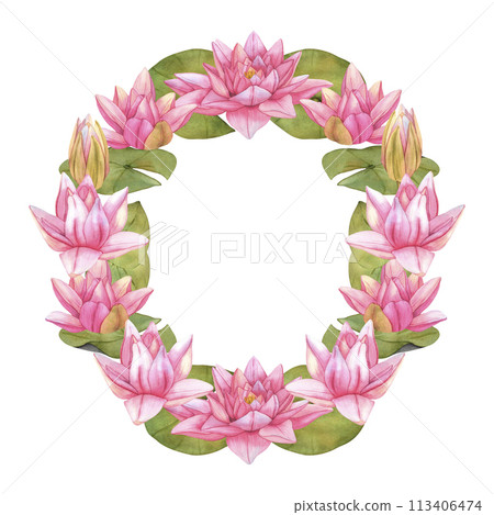Wreath from Lotus Flowers. Hand drawn watercolor illustration of Tropical pink waterlily and green leaves on isolated background Template for wedding floral invitation, card, cosmetic package Wreath from Lotus Flowers. Hand drawn watercolor illustration of Tropical pink waterlily and green leaves on isolated background Template for wedding floral invitation, card, cosmetic package 113406474