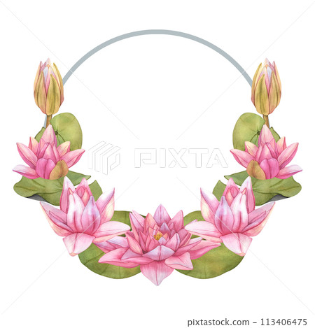 Wreath from Lotus Flowers flowers. Hand drawn watercolor illustration of tropical pink waterlily and green leaves on isolated background Template for wedding floral invitation, card, cosmetic package Wreath from Lotus Flowers flowers. Hand drawn watercolor illustration of tropical pink waterlily and green leaves on isolated background Template for wedding floral invitation, card, cosmetic package 113406475