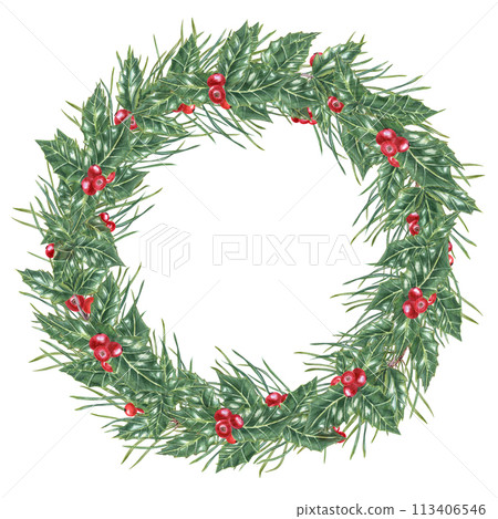 Wreath of Green ilex leaves and spruce branches. Holly leaves, evergreen shrub, re berries. Winter natural decoration. Watercolor illustration isolated on white. Xmas design. Copy space for text 113406546
