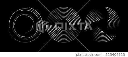 Speed lines in circle form. Radial speed Lines in Circle Form. Black thick halftone dotted speed lines. Technology round Logo. Vector 113406613