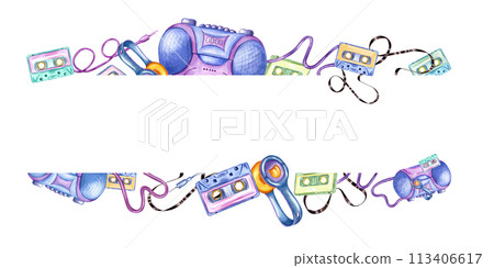 Nostalgia for the 90s. Music horizontal frame with copy space for text. Wired headphones. Audio cassette. Tape recorder. Color watercolor illustration isolated on white background. Nostalgia for the 90s. Music horizontal frame with copy space for text. Wired headphones. Audio cassette. Tape recorder. Color watercolor illustration isolated on white background. 113406617