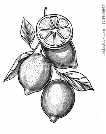Detailed black and white line drawing of a lemon and a half on a white background Detailed black and white line drawing of a lemon and a half on a white background 113406647
