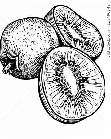 Detailed black and white kiwi fruit illustration with intricate texture and seeds Detailed black and white kiwi fruit illustration with intricate texture and seeds 113406648