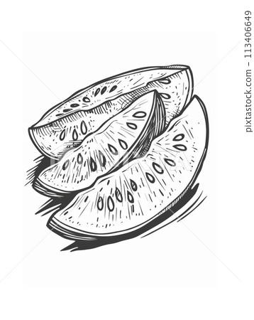 Hand-Drawn Watermelon Slices in Vintage Style on White Background for Menu, Recipe, and Decor Hand-Drawn Watermelon Slices in Vintage Style on White Background for Menu, Recipe, and Decor 113406649