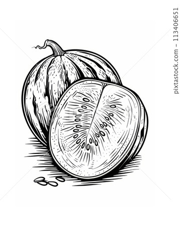 Detailed hand-drawn black and white illustration of a pumpkin on a white background. Detailed hand-drawn black and white illustration of a pumpkin on a white background. 113406651