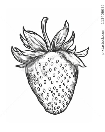 Detailed black and white line drawing of a single ripe strawberry fruit on white background Detailed black and white line drawing of a single ripe strawberry fruit on white background 113406653