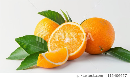 Fresh Oranges Arranged in Pyramid on White Background for Healthy Eating and Food Advertising 113406657