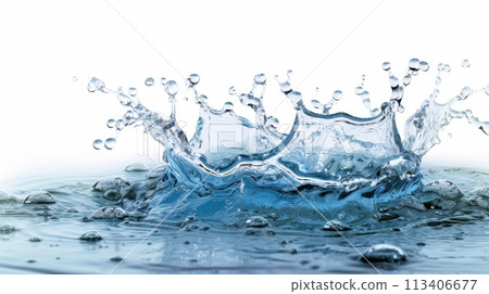Water splashes elegantly against a white background highlighting the fluid motion and grace. Water splashes elegantly against a white background highlighting the fluid motion and grace. 113406677