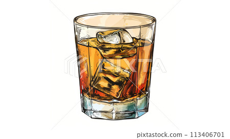 Detailed Whiskey Glass with Ice Cubes on White Background for Alcoholic Beverage Concept 113406701