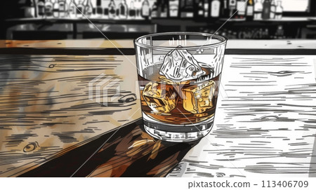 Single Malt Scotch Whisky in Glass with Ice Cubes on Rustic Wooden Table 113406709