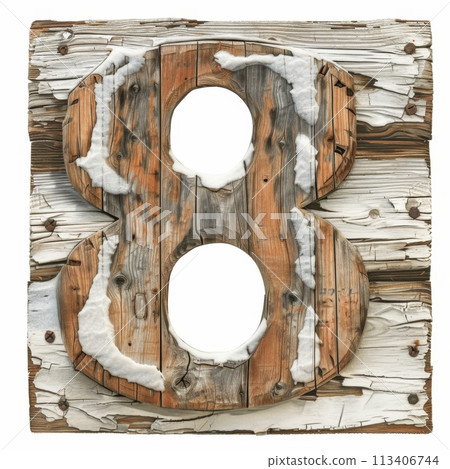 Three-dimensional rendering of a rustic wooden number eight on a white background. Three-dimensional rendering of a rustic wooden number eight on a white background. 113406744