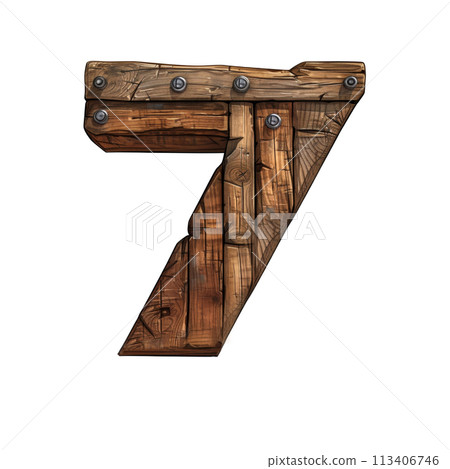 Wooden Number 7 On White Background For Presentations, Websites, And Social Media Posts 113406746