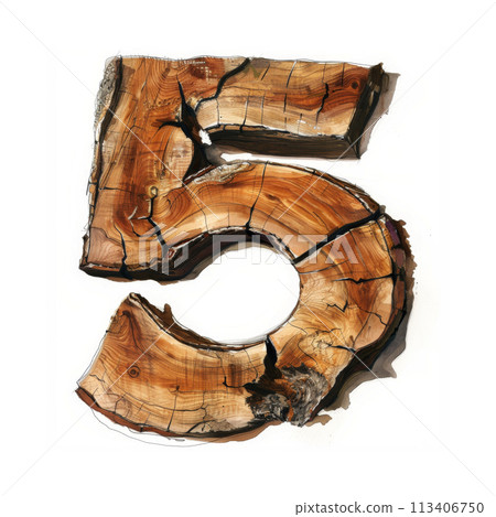 Rustic Wooden Number 5 on White Background for Design Projects and Presentations Rustic Wooden Number 5 on White Background for Design Projects and Presentations 113406750
