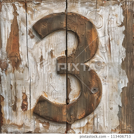 Rustic Weathered Wooden Number Three Isolated on a White Background. Wooden Number 3 113406753