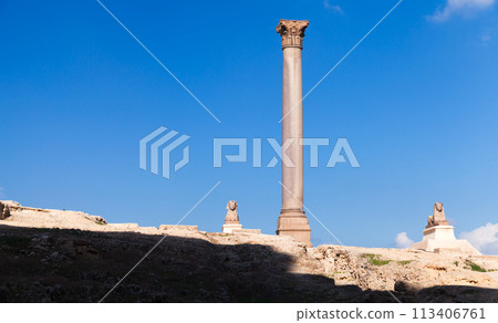 Egypt. Ancient stone sphinxes stand near the Pompeys Pillar Egypt. Ancient stone sphinxes stand near the Pompeys Pillar 113406761