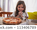 A girl eats pizza, Baby food, Fast food. High quality photo 113406789