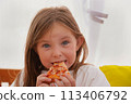 A girl eats pizza, Baby food, Fast food. High quality photo 113406792
