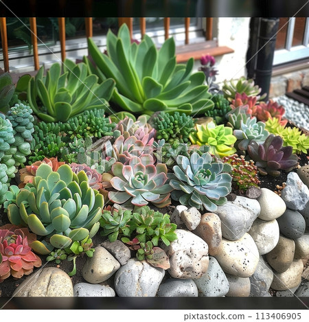 Succulent landscape design, beautiful cacti garden decor, green plants arrangement Succulent landscape design, beautiful cacti garden decor, green plants arrangement 113406905