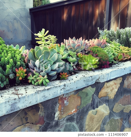 Succulent landscape design, beautiful cacti garden decor, green plants arrangement 113406907