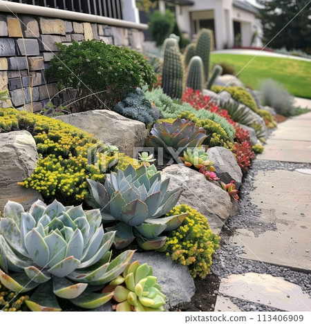Succulent landscape design, beautiful cacti garden decor, green plants arrangement 113406909