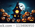 Halloween pumpkins and a dark castle with bats in a mystical forest at night, Halloween background 113406950