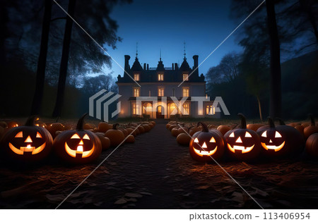 Mysterious castle house with sparkling pumpkins surrounding it during Halloween. Wallpaper, trick or treat 113406954