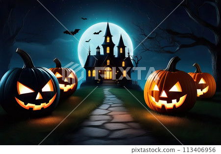 Halloween card, poster, pumpkins, bat, road to the witch's castle-tomb illuminated by moonlight Halloween card, poster, pumpkins, bat, road to the witch's castle-tomb illuminated by moonlight 113406956