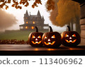 Charming Halloween scene: orange pumpkins in front of a centuries-old castle 113406962