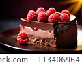 A chocolate lover's dream, this raspberry cheesecake features a decadent syrup and a visually stunning presentation of fresh berries, making it an exquisite treat for the eyes and the taste buds 113406964