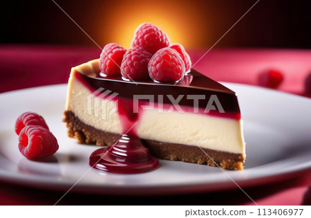A tantalizing raspberry-flavored cheesecake drizzled with a stunning syrup and adorned with juicy berries for an exquisite presentation 113406977