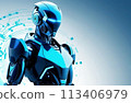 Robot-man, the idea of merging technology and human existence. Unique image highlights the relationship between man and machine 113406979
