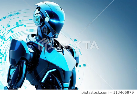 Robot-man, the idea of merging technology and human existence. Unique image highlights the relationship between man and machine Robot-man, the idea of merging technology and human existence. Unique image highlights the relationship between man and machine 113406979