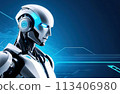 An innovative robot against a composition of abstract geometric shapes creating a harmonious contrast and unique aesthetic with copy space 113406980