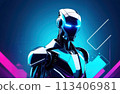 Futuristic robot man, on a blue background with abstract geometric shapes, mixing technology and humanity in one image, new horizons of artificial intelligence 113406981