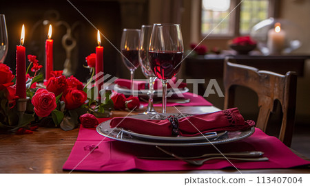 Festive table setting  with cutlery, candles and beautiful red flowers in vase 113407004