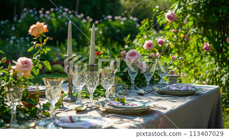 Table setting with rose flowers and candles for an event party or wedding reception in summer garden. 113407029