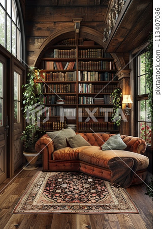 Secret attic reading room hidden behind a bookcase3D render 113407086