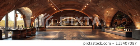 Underground wine cellar with vaulted ceilings and tasting tables3D render. 113407087