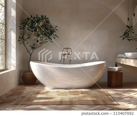 Tranquil spa-like bathroom with a freestanding tub and natural stone tiles3D render 113407092
