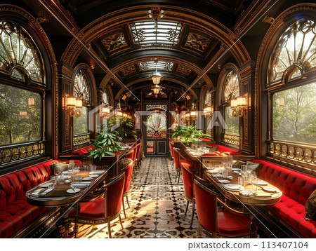 Vintage train car dining experience with period details and intimate seating3D render 113407104