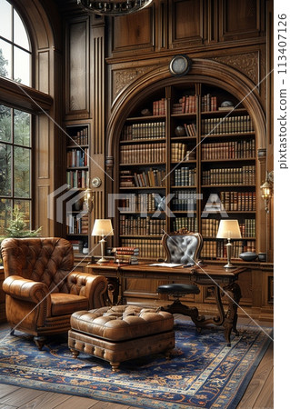 Vintage-inspired study with leather-bound books and a classic writing desk3D render Vintage-inspired study with leather-bound books and a classic writing desk3D render 113407126