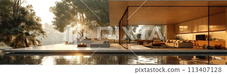 Serene lake house with panoramic views and open living spaces3D render 113407128