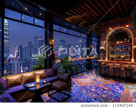 Swanky rooftop bar with panoramic city views and luxe decor3D render 113407144