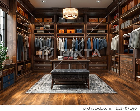 Spacious walk-in closet with custom shelving and an island dresser3D render. 113407160