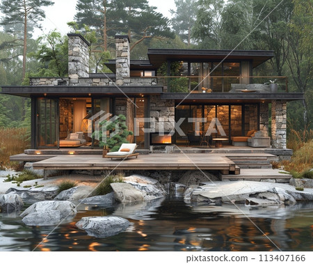 Rustic lakeside retreat with natural stone fireplace and large wooden deck.3D render 113407166