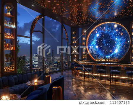 Swanky rooftop bar with panoramic city views and luxe decor3D render 113407185