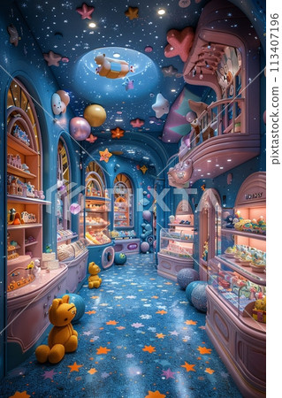 Whimsical toy store with magical displays and interactive zones3D render. 113407196