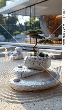 Zen rock garden with raked sand and minimalistic sculptures3D render. 113407198
